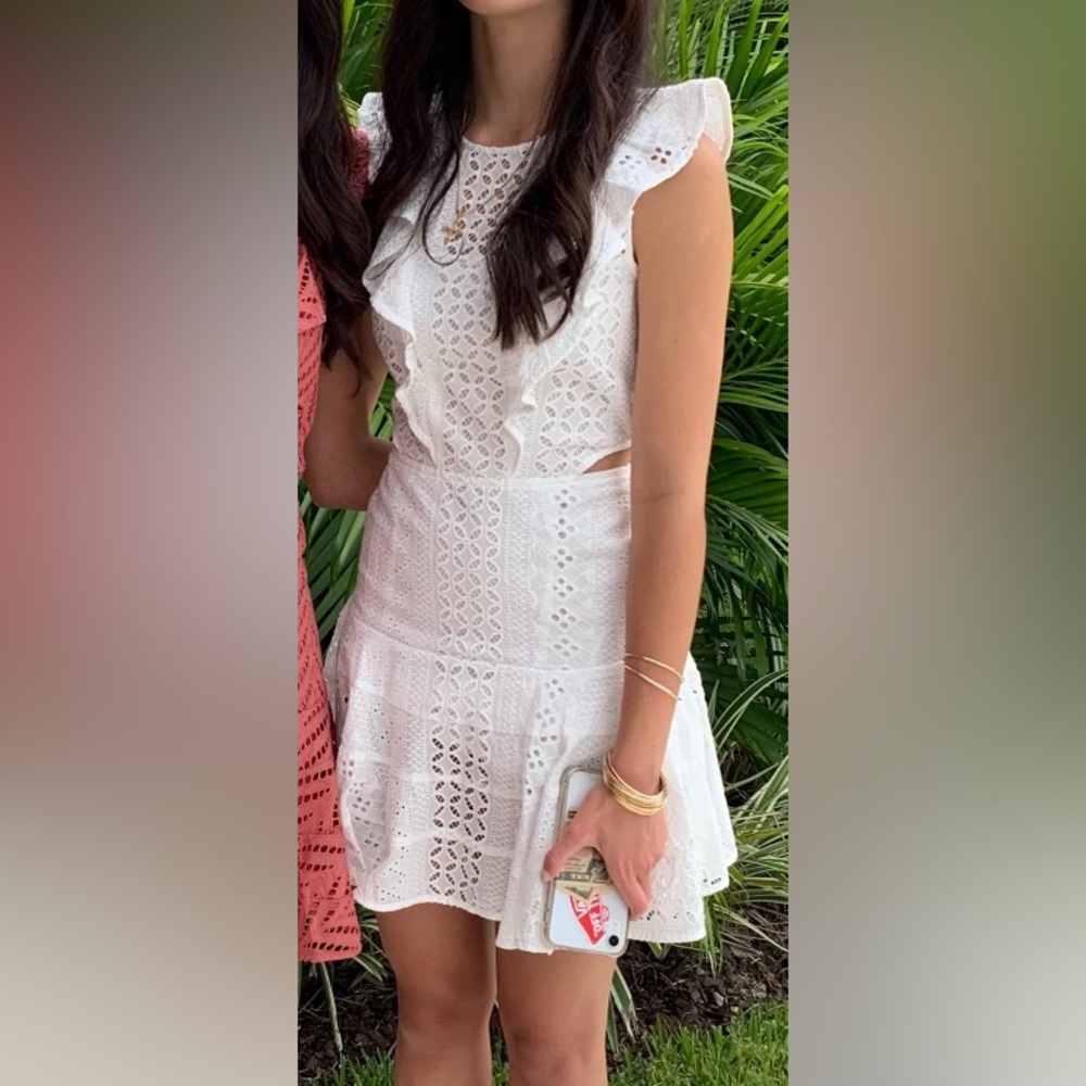 Bardot Aria mini-dress in white w/ eyelet, cutouts, ruffles (worn 1) Size: US 2